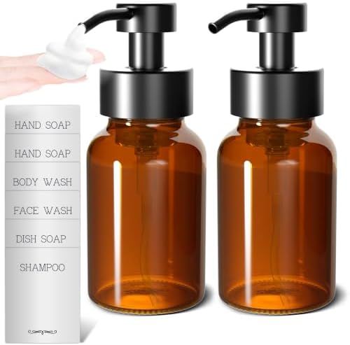 2 Pcs Amber Glass Foaming Soap Dispenser with Pump, 8.5 oz Bottles